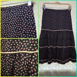 Vintage Parisian black red pink Floral Black Skirt peasant tiered midi lined sm